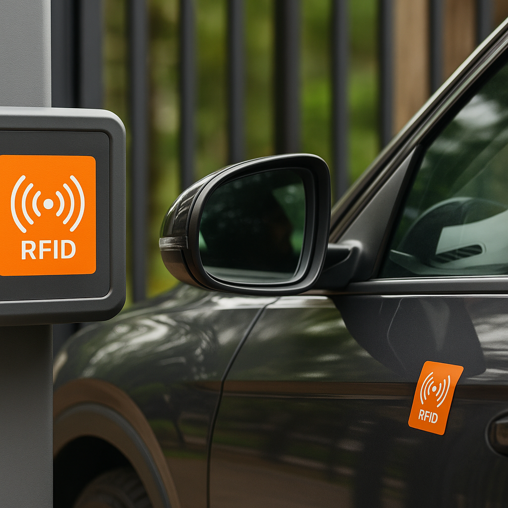 Modern parking garage entrance with car and automated barrier in orange theme