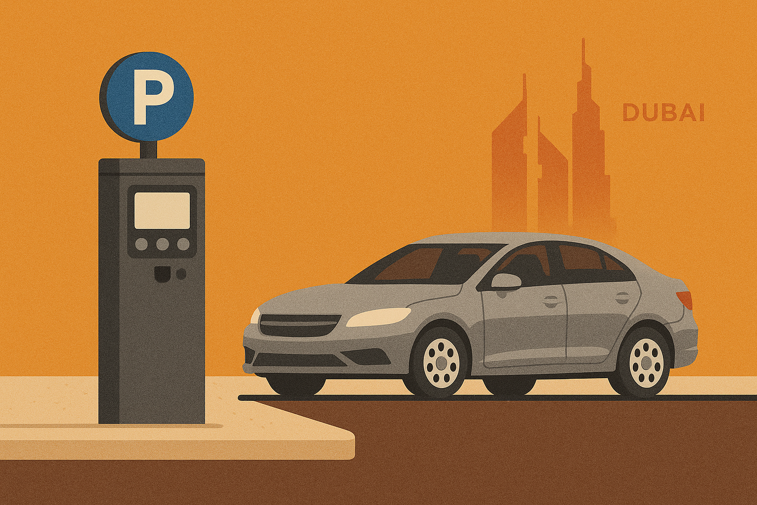 Modern parking garage entrance with car and automated barrier in orange theme