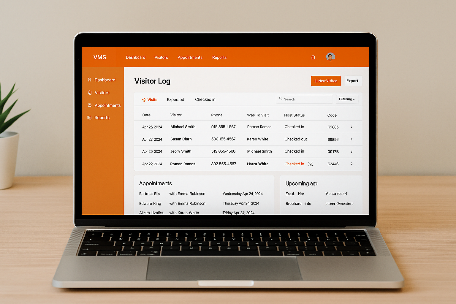 A receptionist using the TimeChart VMS dashboard on a desktop computer